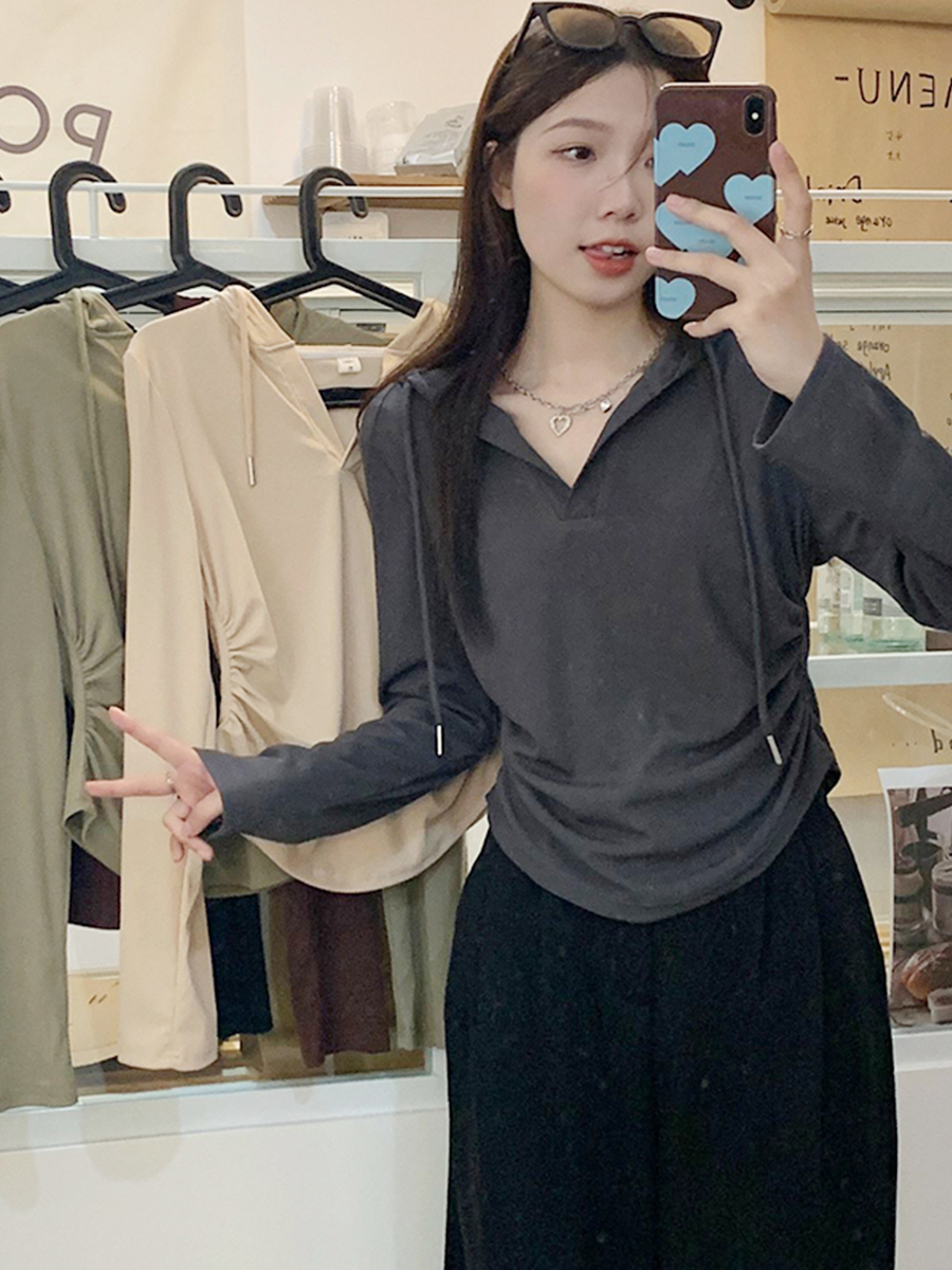 Hooded long-sleeved t-shirt women's autumn and winter new fat mm slim bottoming shirt with short top