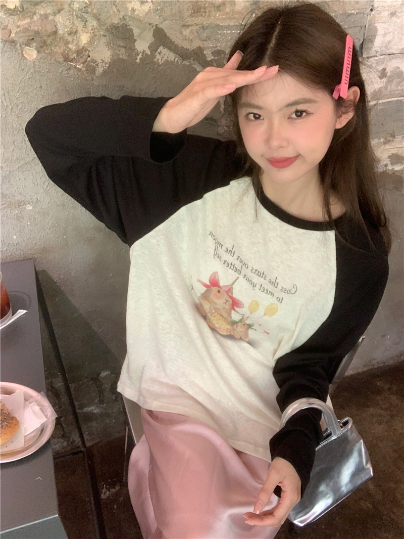 New style early autumn color-blocked thin sunscreen long-sleeved T-shirt for women all-match loose top