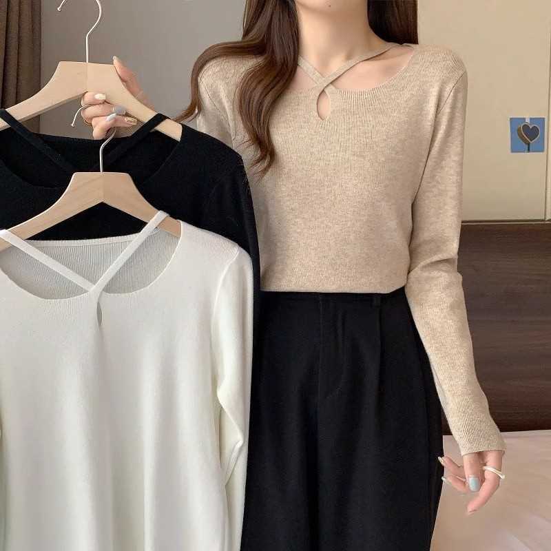 Pure desire v-neck tie strap hanging neck white t-shirt women's long-sleeved spring design sense niche hot girl short slim top trendy