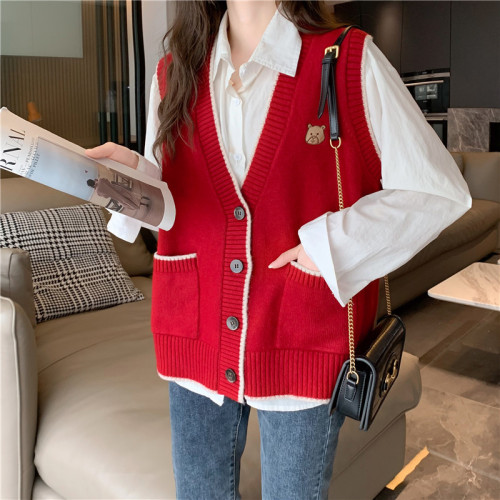 Japanese knitted vest cardigan women's 2023 autumn new loose college style sleeveless layered wool vest vest