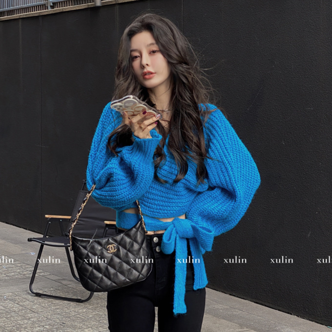 Korean chic autumn gentle purple white V-neck design side tie waist thick needle knitted cardigan sweater women