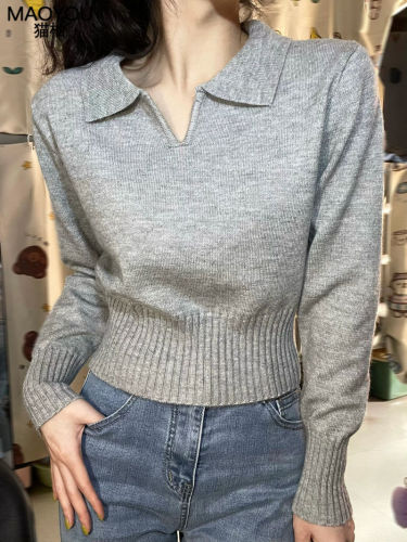 Simple basic Polo collar sweater with knitted sweater female fat mm large size spring and autumn design sense niche short top