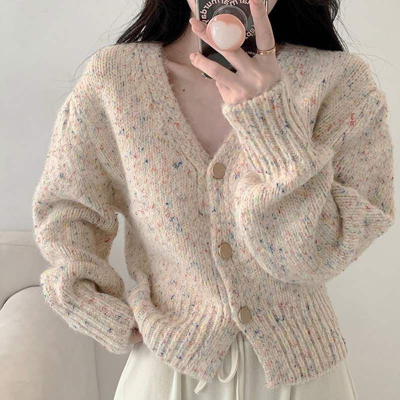 Ins super hot ~ mixed color terry circle knitted jacket mixed color color dots V-neck short knitted cardigan sweater women