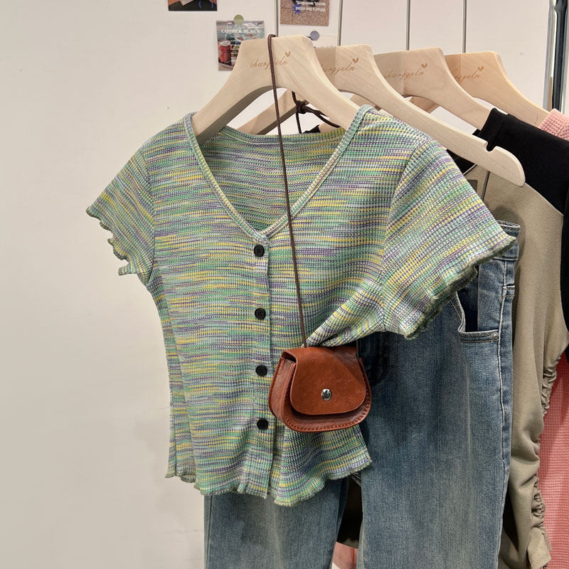 Retro gradient rainbow striped t-shirt women's summer v-neck slim-fit short shoulder short-sleeved beautiful top