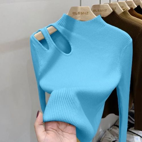 French water drop hollow bottoming sweater women's inner wear autumn and winter chic collarbone knitted top half high collar bottoming shirt women