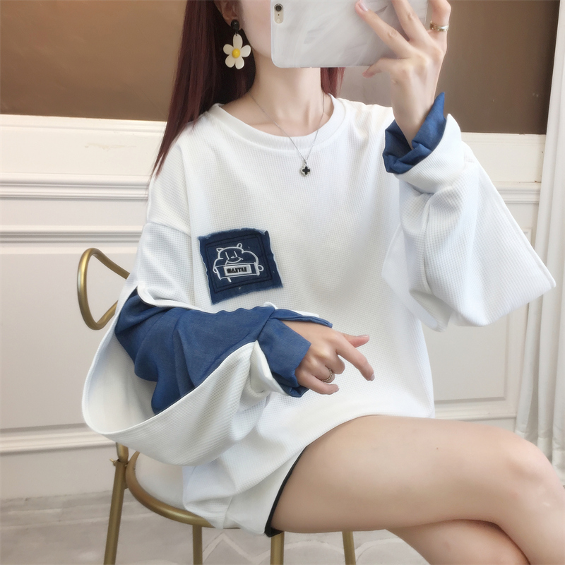 2023 autumn new bottoming shirt college style long-sleeved T-shirt women's large size women's back wrap collar waffle