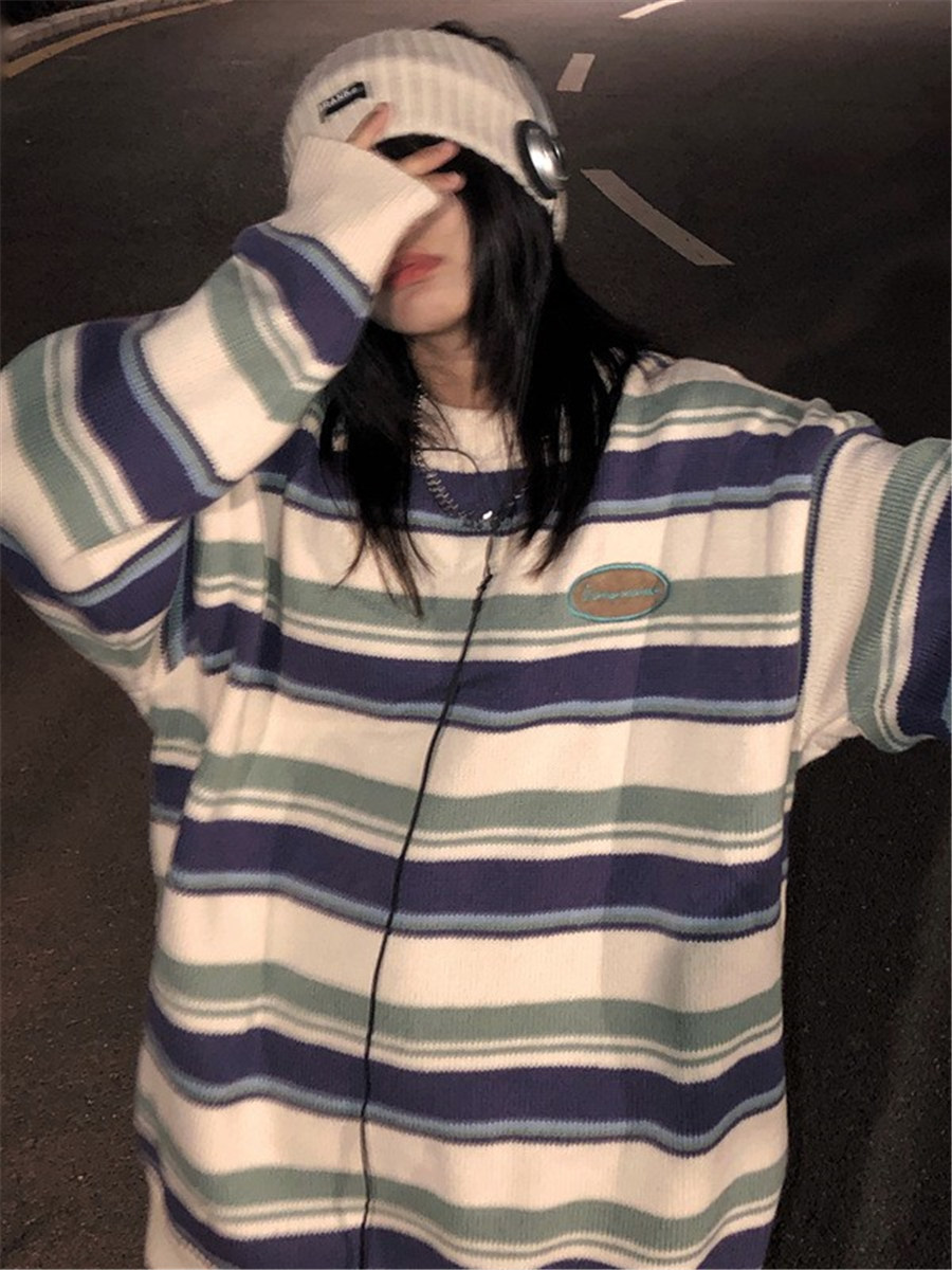 Milk fufu sweater oversize lazy wind Japanese retro American striped couple versatile niche knitwear