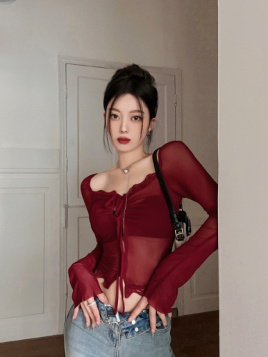  summer new star with the same style sexy pure desire lace top thin mesh long-sleeved bottoming shirt