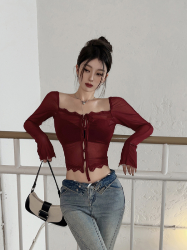  summer new star with the same style sexy pure desire lace top thin mesh long-sleeved bottoming shirt