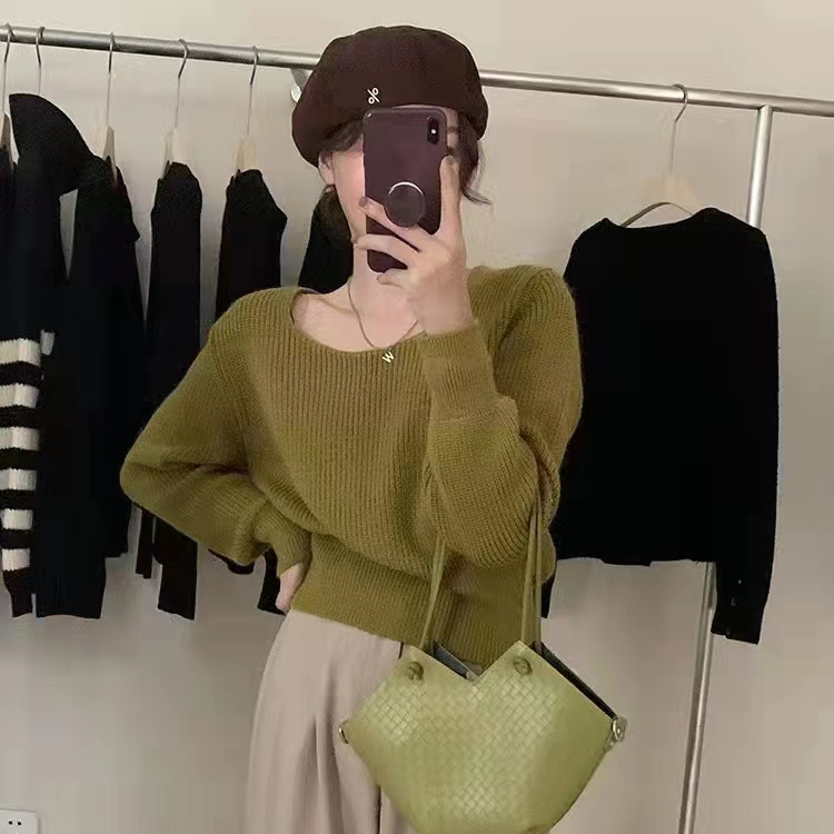 Lady style square collar puff sleeve sweater 2023 autumn new fashion solid color stitching pullover long-sleeved top