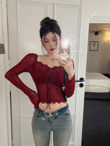  summer new star with the same style sexy pure desire lace top thin mesh long-sleeved bottoming shirt