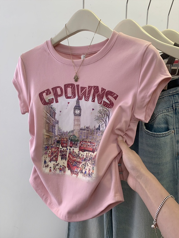 Cotton back bag 210g Odell 92 cotton 8 spandex short-sleeved T-shirt female print fold quality