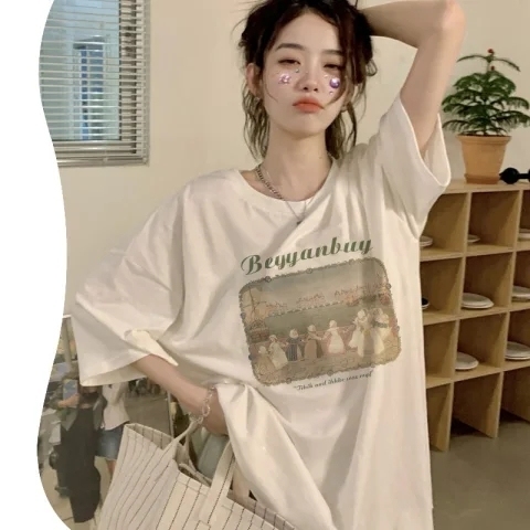 Short-sleeved t-shirt women's loose Korean version of the tide 2023 spring and summer new mid-length half-sleeved top trend