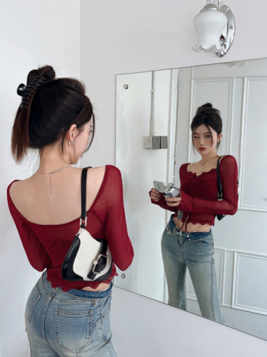  summer new star with the same style sexy pure desire lace top thin mesh long-sleeved bottoming shirt