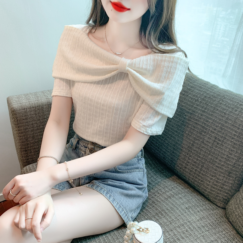 2023 summer new style Hyuna style short-sleeved women's self-cultivation slimming one-shoulder off-shoulder top