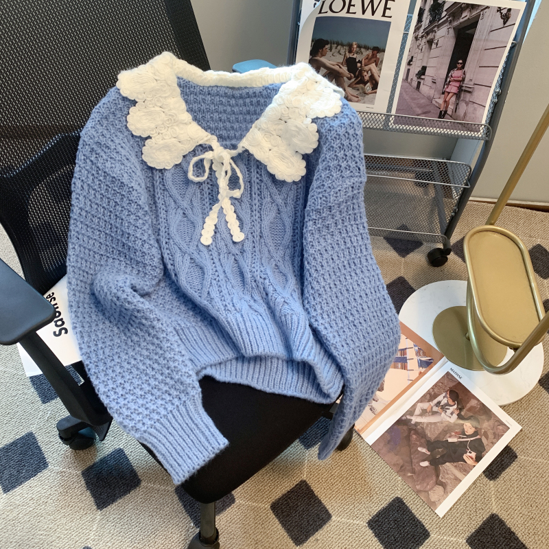 Blue doll collar sweater 2023 new women's autumn and winter small thickened foreign style European cashmere sweater