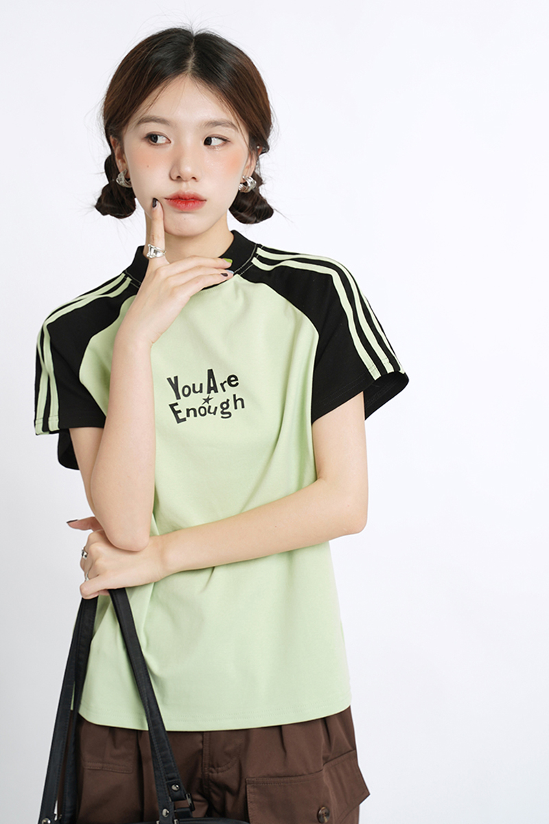 Official picture 200g pure cotton back bag combed tightly short-sleeved T-shirt women's printed raglan sleeves contrast color summer top