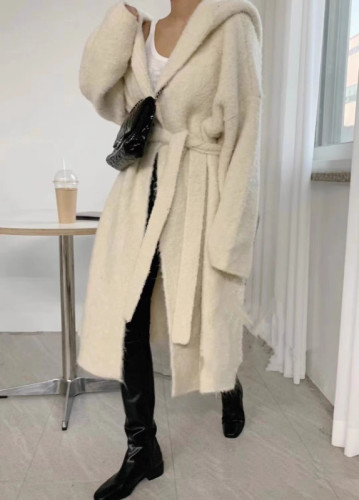 Korea  autumn and winter retro style hooded belt knitted cardigan coat thickened sweater coat