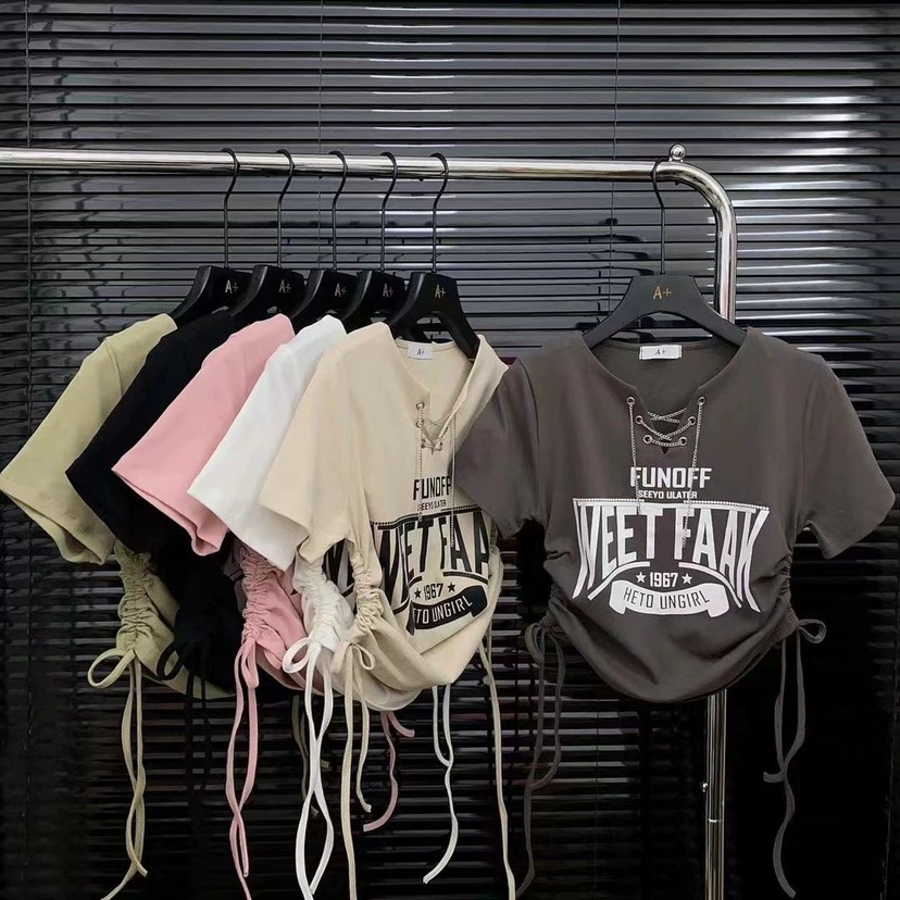 Chain American letter printing T-shirt female summer new hot girl drawstring short-sleeved slim fit small top