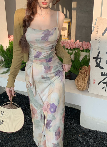 三标齐新中式印花波边吊带连衣裙+纯色开衫