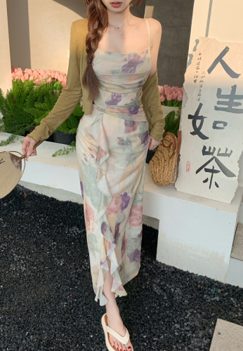 三标齐新中式印花波边吊带连衣裙+纯色开衫