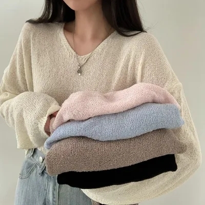 New loose lazy wind v-neck sunscreen blouse Korean version spring and autumn long-sleeved knitted pullover sweater women's top