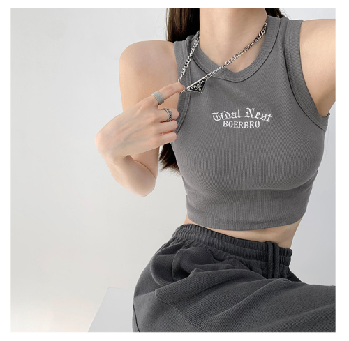 Official Picture Spice Girl Style Retro Letter Embroidery Sleeveless Vest Women's Short Section Navel-Based Bottom