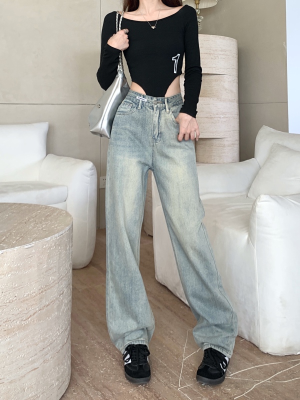 2023 autumn new high-waist straight jeans women's wide and thin drape retro blue wide-leg mopping pants
