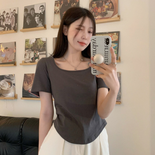 Official picture White short-sleeved t-shirt women's summer 2023 new front shoulders cover belly slim hot girl tops