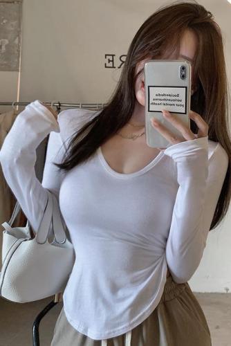 Pure desire hot girl short tight inner bottoming shirt autumn irregular sweet and spicy long-sleeved top