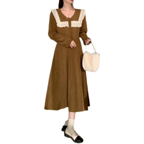High quality original corduroy doll collar preppy retro long sleeve dress for women
