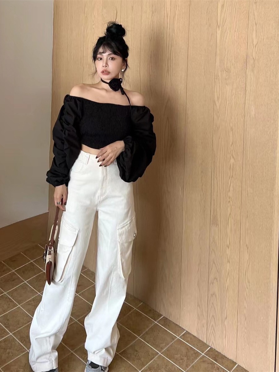 Korean style temperament one-shoulder off-shoulder self-cultivation hanging neck rose lantern sleeve short shirt female elastic strapless top