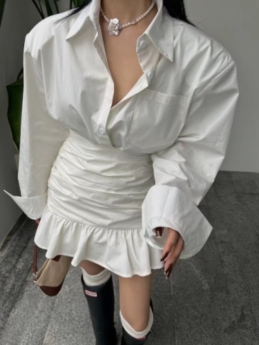 ALA Korean version 2023 temperament long-sleeved shirt + high waist wrinkled mermaid skirt sexy bag hip skirt hot girl suit female