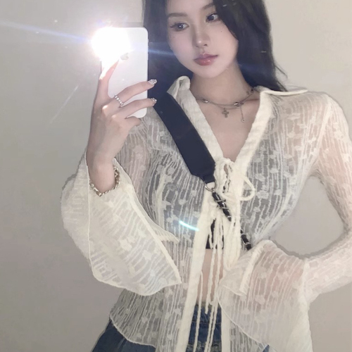Official Picture Summer Sunscreen Cardigan Slim Waist Slim Light Cooked Semi-See-Through Chiffon Shirt Lace-Up Air-Conditioned Shirt Jacket