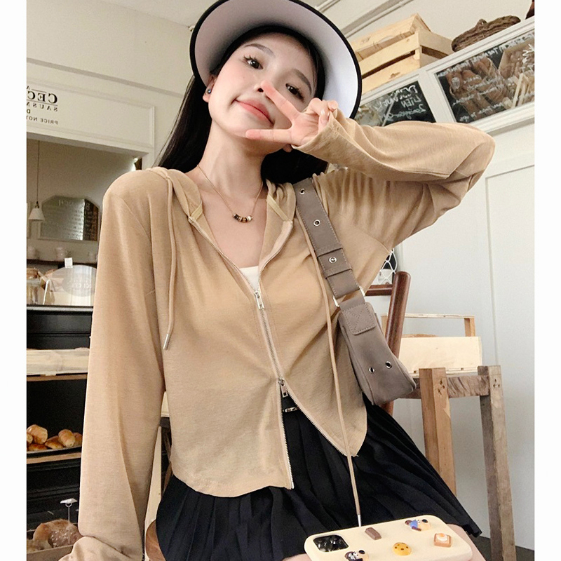 Pink little man thin section hooded sunscreen cardigan jacket women's summer design sense loose casual short top
