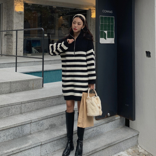 Korean Dongdaemun autumn and winter elegant striped knitted dress thickened pullover mid-length sweater dress 3691