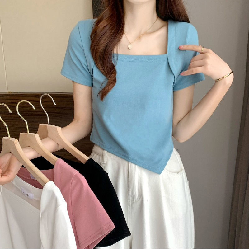 Summer square collar irregular short-sleeved t-shirt women's solid color elegant style slim fit chic short top
