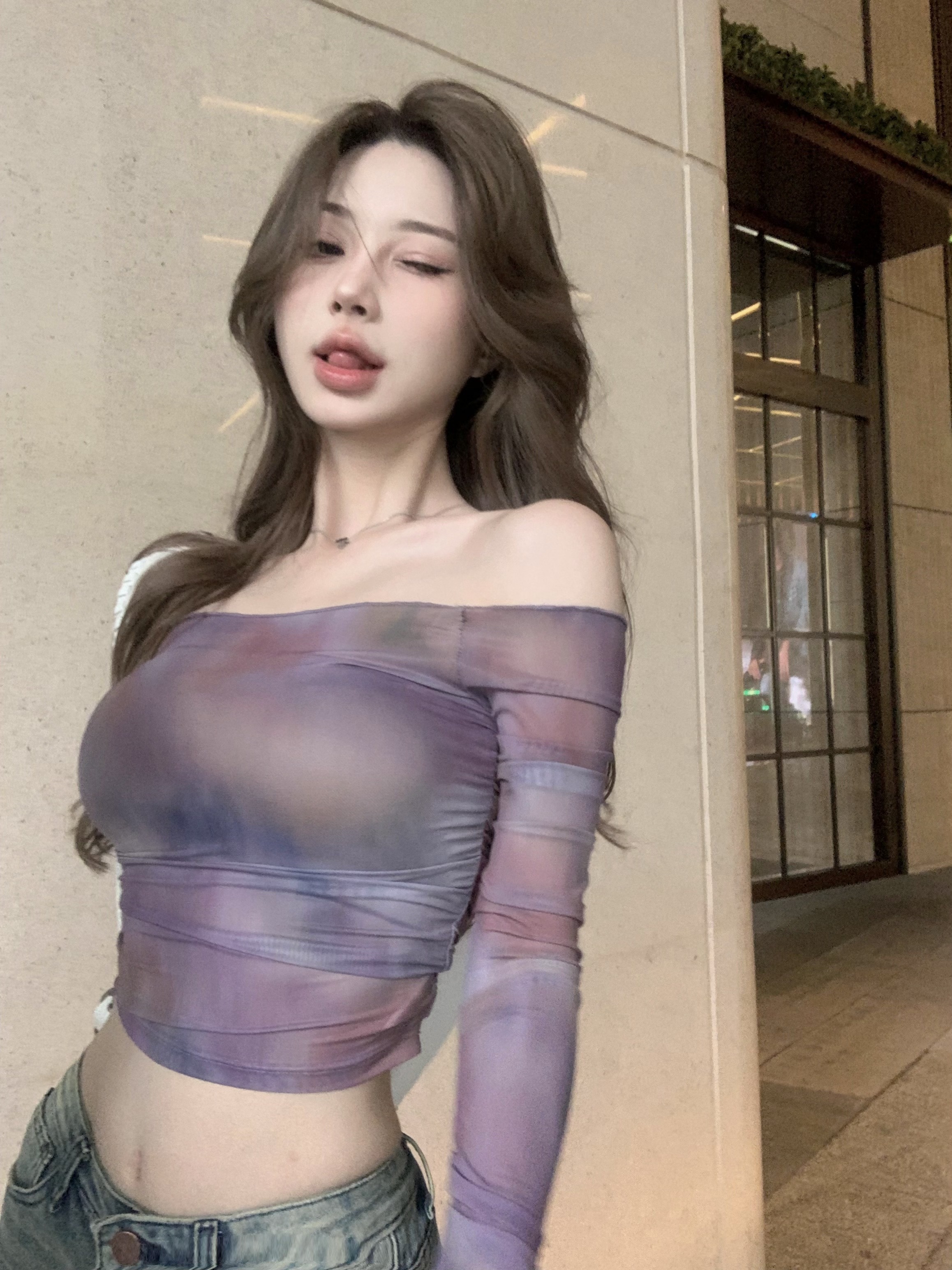 Beautiful and unique tie-dye thin rattan purple one-shoulder pleated sleeve finger slim-fit micro-permeable mesh top for women