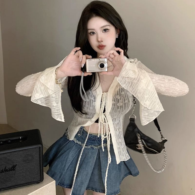 Official Picture Summer Sunscreen Cardigan Slim Waist Slim Light Cooked Semi-See-Through Chiffon Shirt Lace-Up Air-Conditioned Shirt Jacket