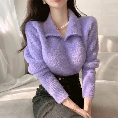 2023 autumn and winter new mink fur soft waxy Korean style fashion temperament foreign style all-match chic female sweater
