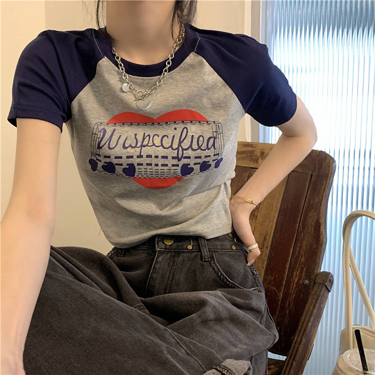 American hot girl T-shirt women's ins tide short section slim fit thin printed short-sleeved summer top