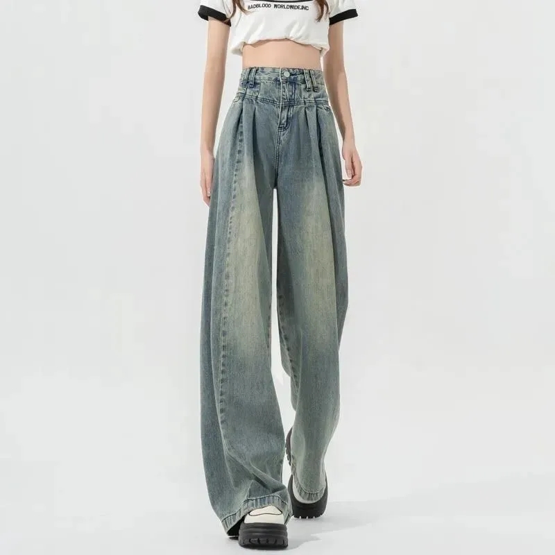 Retro wide-leg jeans women's 2023 spring and summer new high-waist loose slim drape straight-leg pants ins tide