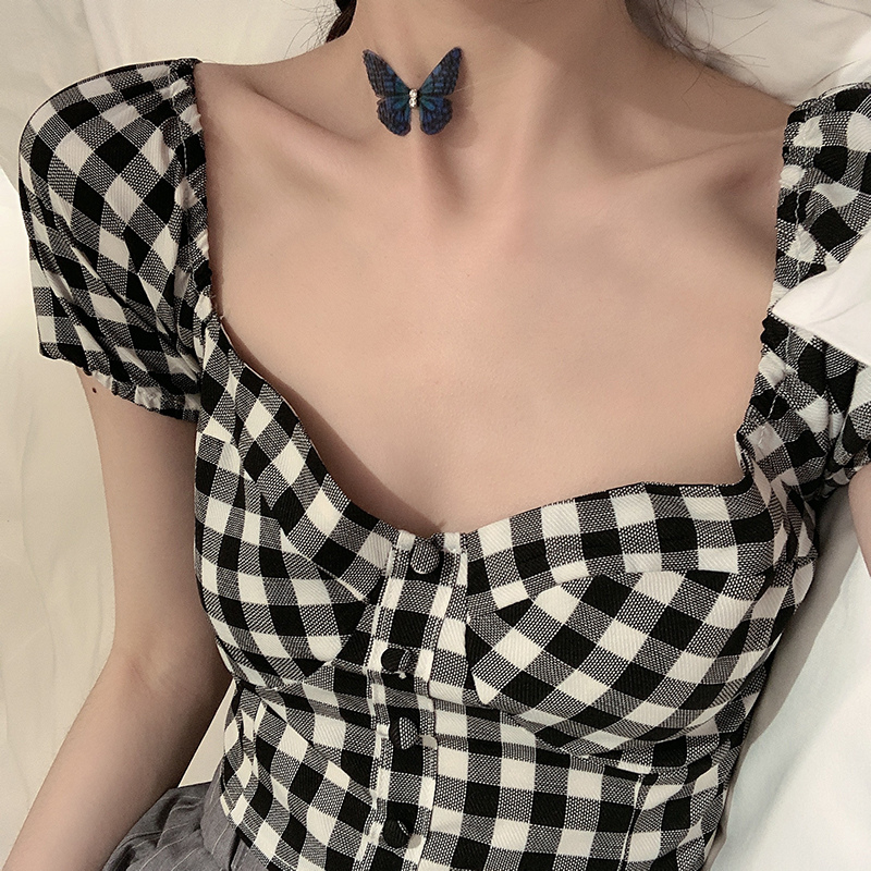 Square Neck Plaid Shirt Puff Sleeve Cropped Top Shirt