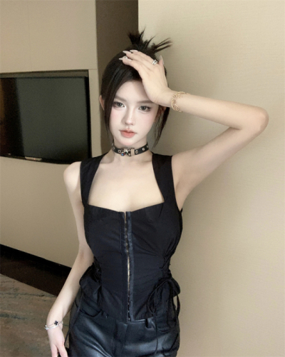 Cool black vest retro strappy waist sleeveless top