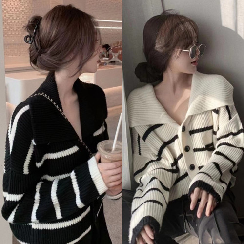 Striped Knitted Cardigan Sweater Jacket Women  Early Autumn New Loose Lapel Outerwear Versatile Short Tops