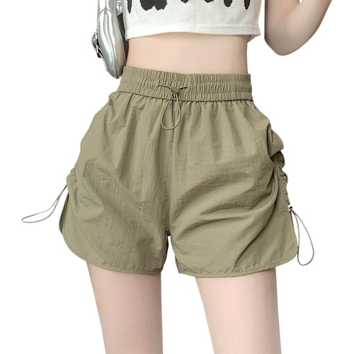 Quick-drying cotton and linen wrinkled three-dimensional waist Japanese khaki overalls shorts women's quick-drying wide-leg casual pants