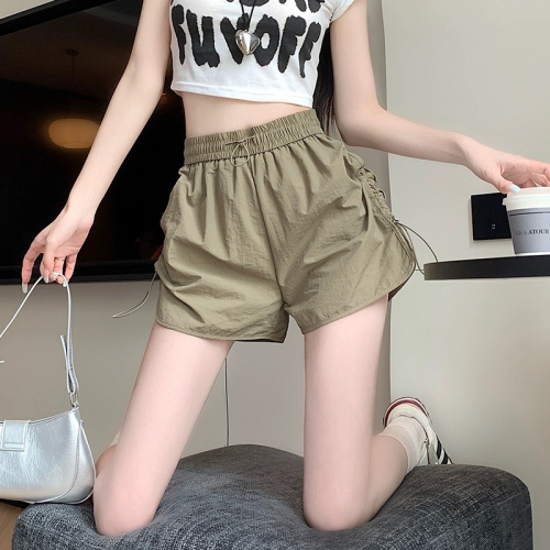 Quick-drying cotton and linen wrinkled three-dimensional waist Japanese khaki overalls shorts women's quick-drying wide-leg casual pants