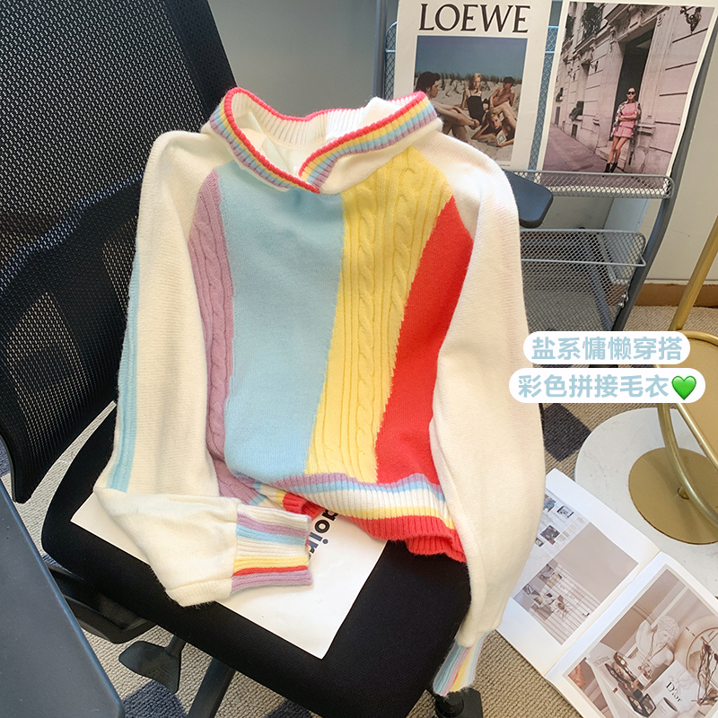 Niche design sense rainbow striped hooded sweater women's thickened autumn and winter high waist loose short top tide ins