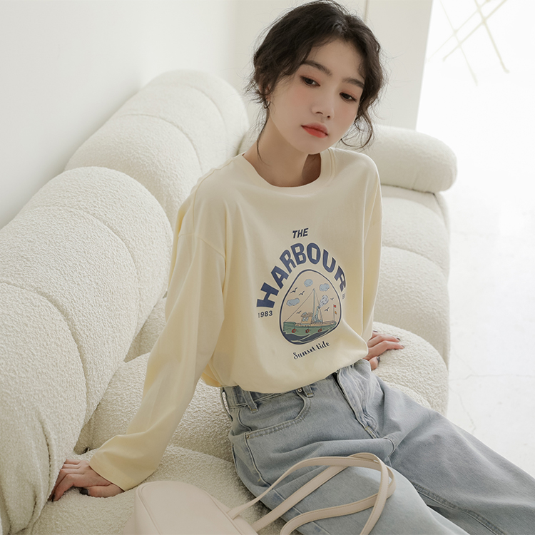 2023 autumn new cotton long-sleeved bottoming t-shirt female Korean version casual loose slimming printed t-shirt