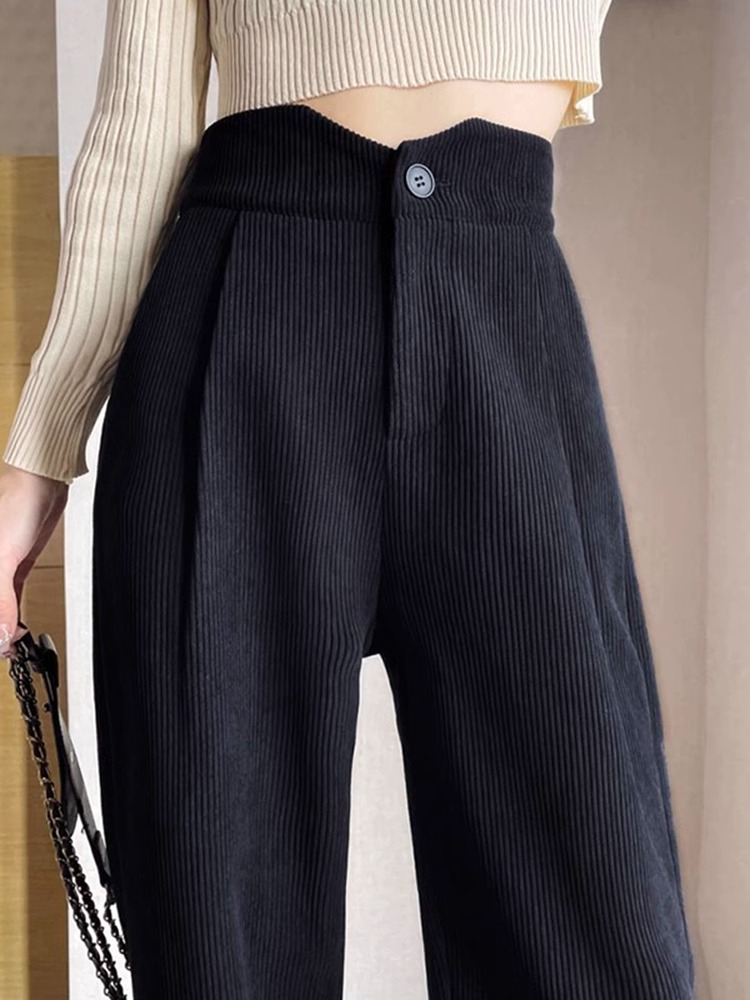 Black pants for women, spring and autumn, high-waisted chenille wide-leg pants, slim straight corduroy casual floor mopping pants